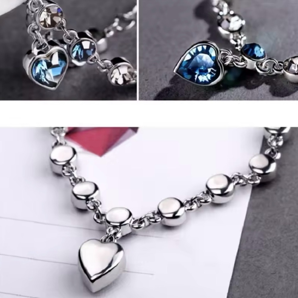 Blue Heart Zircon Bracelets New Shiny Blue Crystal Love  Bracelet 8”+2” - Picture 3 of 7